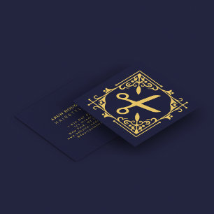 Faux Gold Foil Schaar Haarstylist Navy Blue Vierkante Visitekaartje
