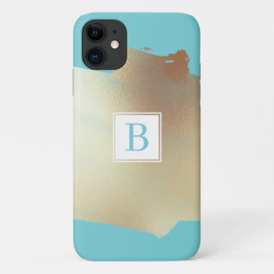 Faux Gold Foil Splash Simple Monogram Turquoise iPhone 11 Hoesje