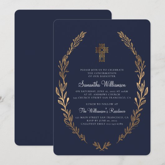 Faux Gold Foliage Blue bevestiging uitnodiging (Voorkant / Achterkant)