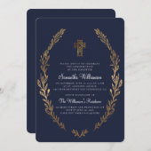 Faux Gold Foliage Blue Confirmation Invitation (Devant / Derrière)