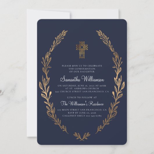 Faux Gold Foliage Blue Confirmation Invitation (Devant)