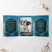 Faux Gold Folie Blauwe Agaat Trouwfoto Drieluik Uitnodiging (Binnen)