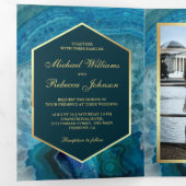 Faux Gold Folie Blauwe Agaat Trouwfoto Drieluik Uitnodiging (Binnenzijde eerst)