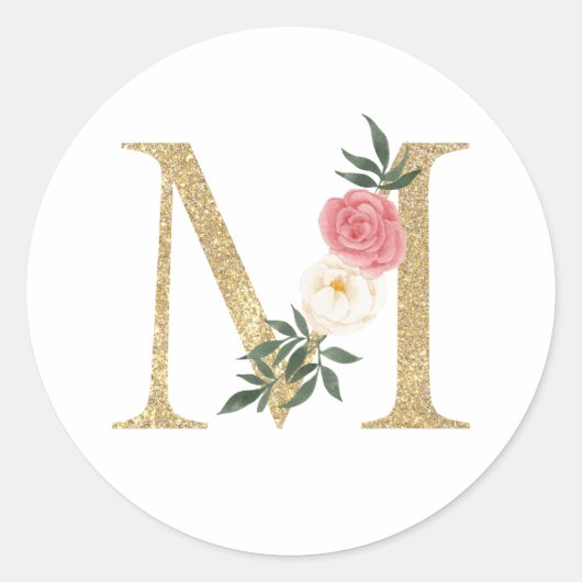 Faux Gold Folie Letter M Blush Bloemen Monogram Ronde Sticker (Voorkant)