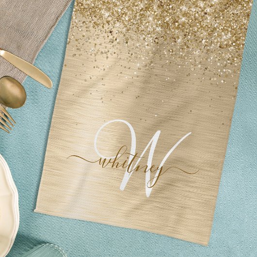 Faux Gold geborsteld metaal Glitter Print Monogram Theedoek