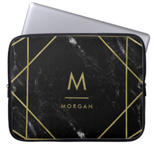 Faux Gold Geometric Design on Black Marble-look Laptop Sleeve