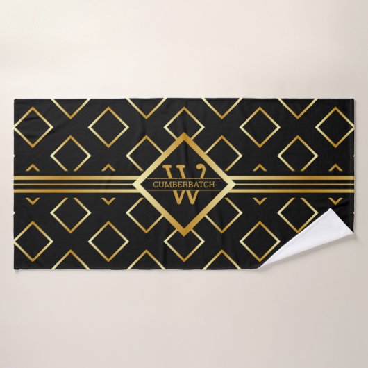 FAUX Gold Geometric Pattern met Monogram op BLACK Bad Handdoek (Badhanddoek)
