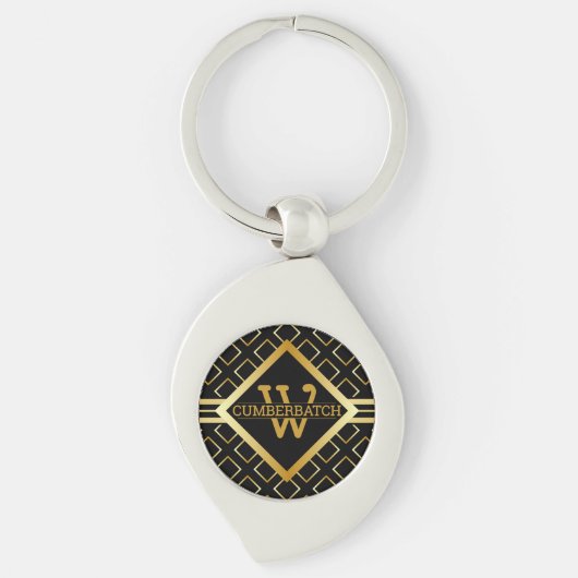 FAUX Gold Geometric Pattern MONOGRAM on BLACK Sleutelhanger (Voorkant)