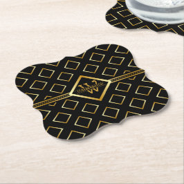 FAUX Gold Geometric Pattern with Monogram on BLACK Kartonnen Onderzetters