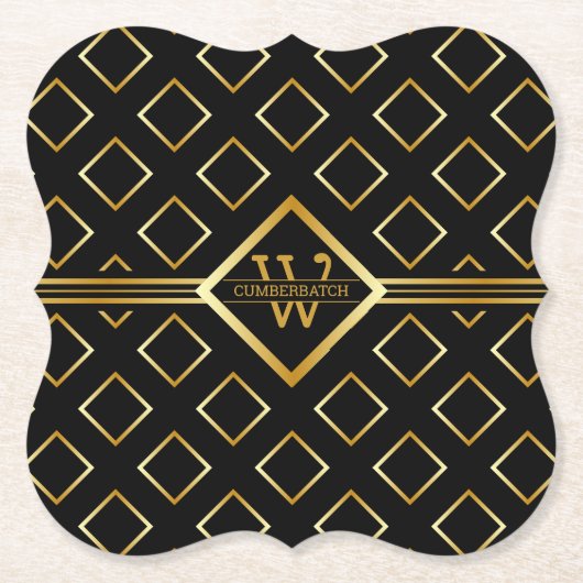 FAUX Gold Geometric Pattern with Monogram on BLACK Kartonnen Onderzetters (Voorkant)