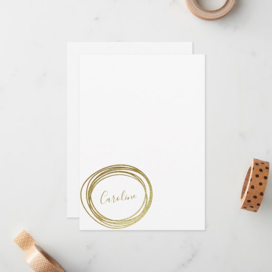Faux Gold Glitter Abstracte Cirkelscriptnaam Notitiekaartje (Voorkant / Achterkant in situ)