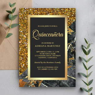 Faux Gold Glitter Charcoal Grable Quinceanera Kaart