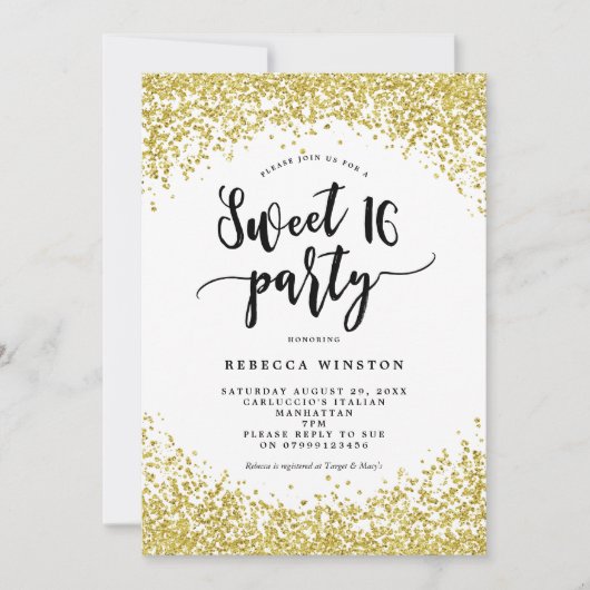 Faux Gold Glitter confetti Sweet 16 Uitnodiging (Voorkant)
