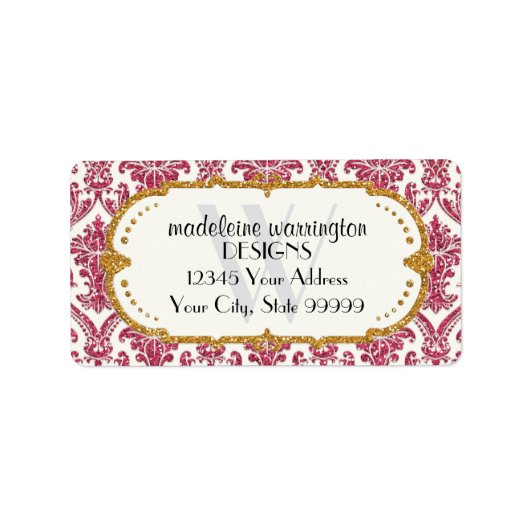Faux Gold Glitter Damask Floral Pattern Business Etiket (Voorkant)