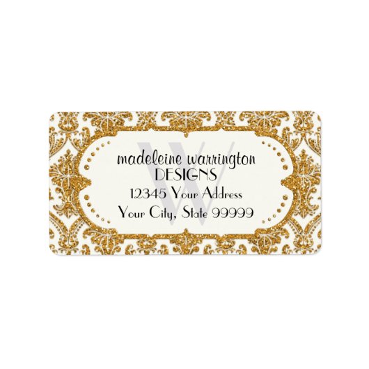 Faux Gold Glitter Damask Floral Pattern Business Etiket (Voorkant)