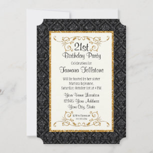 Faux Gold Glitter Damask Ticket Style Birthday Kaart