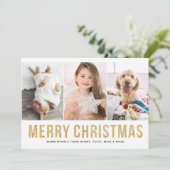 Faux Gold Glitter Drie Fotocollage Kerstmis Feestdagenkaart (Staand voorkant)