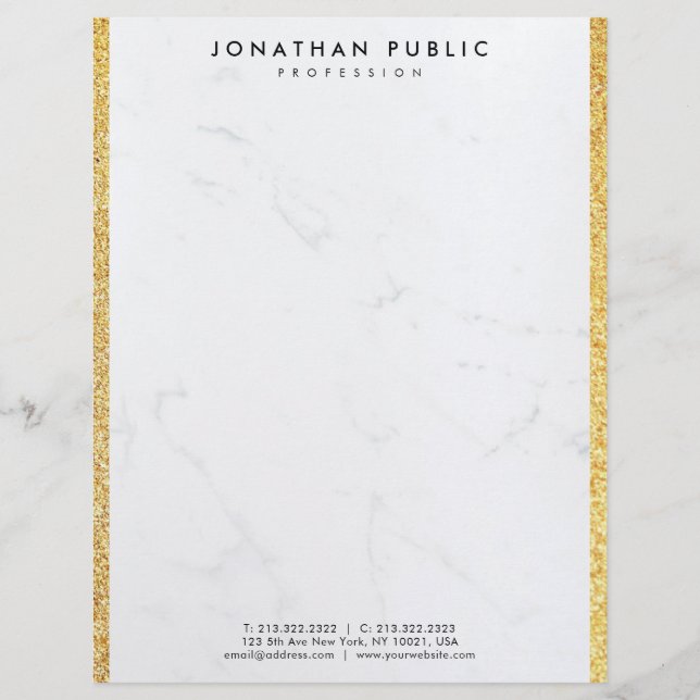 Faux Gold Glitter en White Marble Modern Sjabloon Briefhoofd (Voorkant)