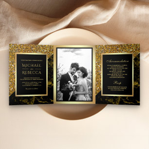 Faux Gold Glitter Goud Marmer Foto Bruiloft Drieluik Uitnodiging