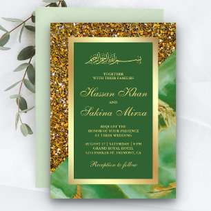 Faux Gold Glitter Groen Marmer Moslim Bruiloft Kaart