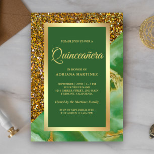 Faux Gold Glitter Groen Marmer Quinceanera Kaart
