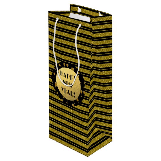 Faux Gold Glitter, Happy New Year Wine, Glossy Wijn Cadeautas (Achterkant Gekanteld)