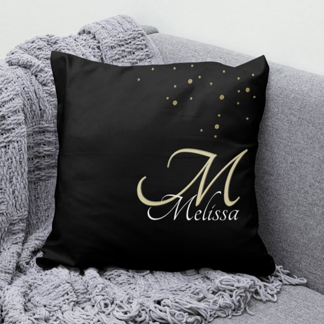 Faux Gold Glitter + Ingegreineerd Gold Monogram zw Kussen (Gold Monogram Pillow with Your Name and Faux Gold Glitter Confetti)