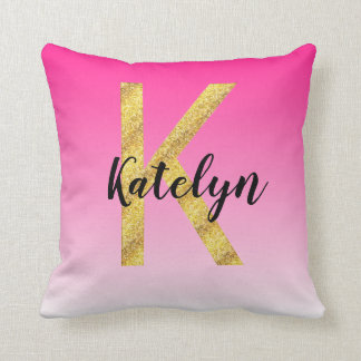 Faux Gold Glitter Initiaal Letter K Roze gradiënt Kussen