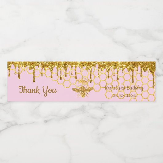 faux gold glitter koningin bijen 1e verjaardag waterfles etiket (Enkel label)