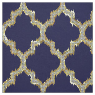 Faux Gold Glitter Quatrefoil Ikat met blauwe rug Stof