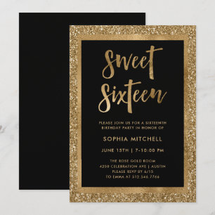 Faux Gold Glitter Sweet 16 Party Kaart
