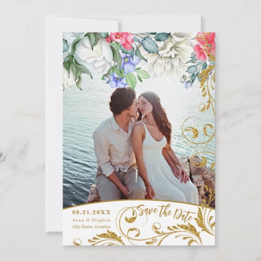 Faux Gold Glitter Swirls Save Date Kaart (Voorkant)