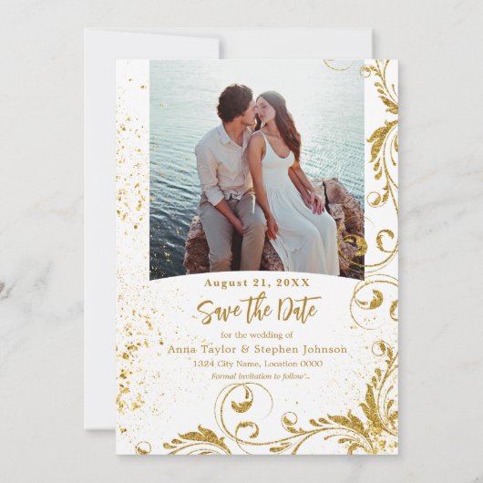 Faux Gold Glitter Swirls Save Date Kaart (Achterkant)