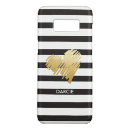 Faux Gold Heart Black White Striped Personated iPhone 13 Hoesje