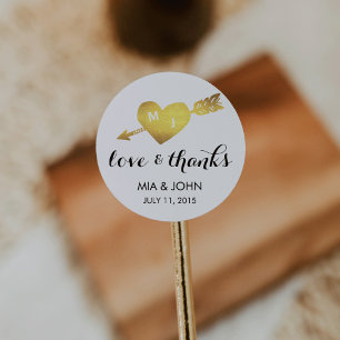 Faux Gold Heart Dank u Monogram bruiloft gunst Ronde Sticker