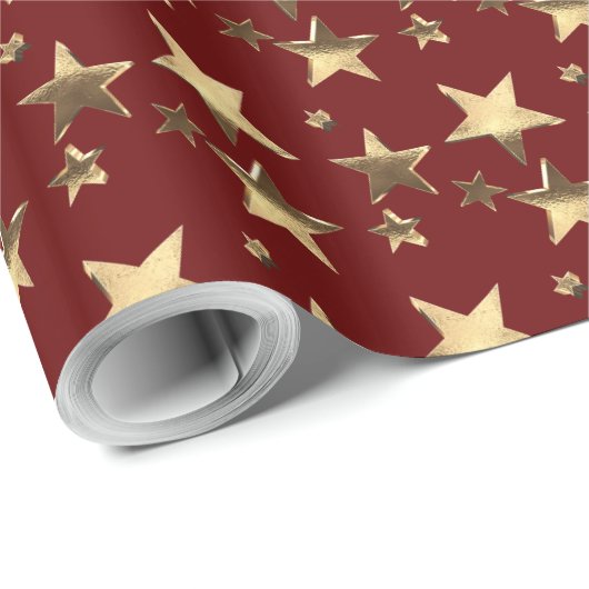 Faux Gold Kerststerren Pattern Burgundy Red Cadeaupapier (Rol Hoek)
