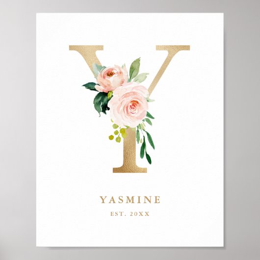 Faux Gold Letter Y Monogram Blush Florals Nursery Poster (Voorkant)