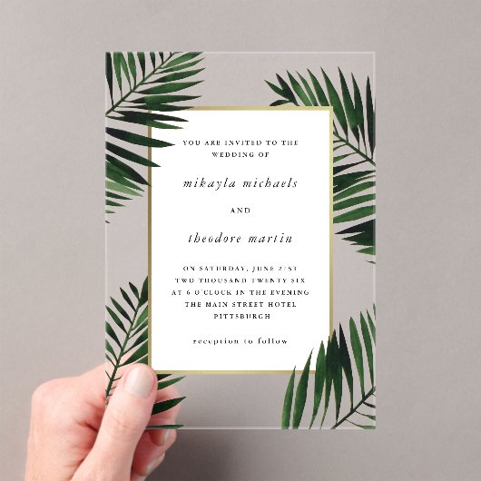 Faux Gold Lijst met Palm Wedding Acryl Uitnodigingen (Insitu (Draagbaar))