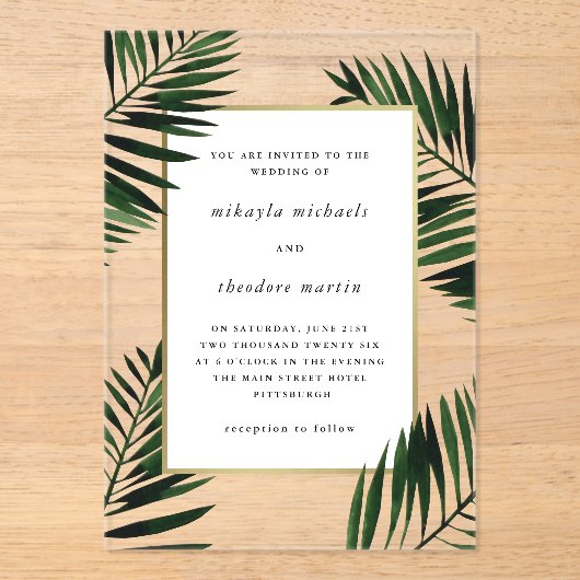 Faux Gold Lijst met Palm Wedding Acryl Uitnodigingen (Voorkant)