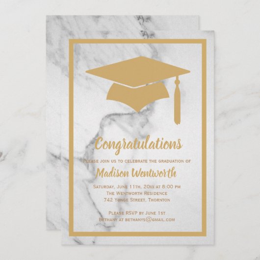 Faux Gold & Marble Afstuderen Invitation Kaart (Voorkant / Achterkant)