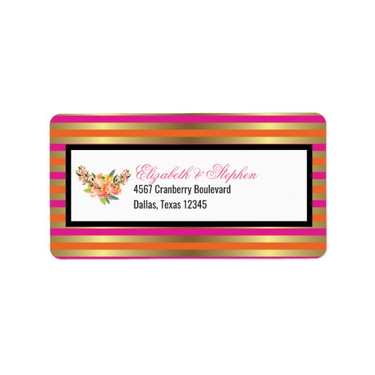 Faux Gold Metallic Stripes met Floral Wedding Etiket (Voorkant)