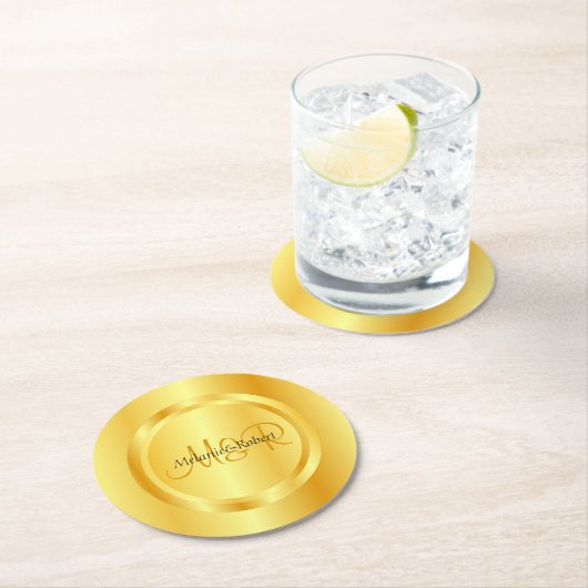 Faux Gold Modern Monogram Elegant Custom Sjabloon Ronde Kartonnen Onderzetter (Insitu)