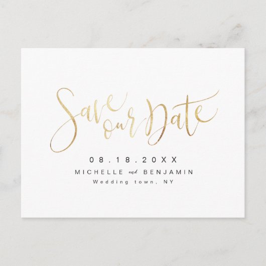 Faux Gold Modern Simple Script Save the Date Aankondigingskaart (Voorkant)