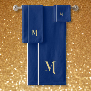 Faux Gold Monogram Marine Blue White Racing Stripe