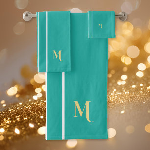 Faux Gold Monogrammed Blauwgroen witte racestrepen Bad Handdoek