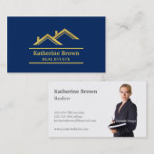 Faux Gold Navy Blue Modern Real Estate Realtor Visitekaartje (Voorkant / Achterkant)