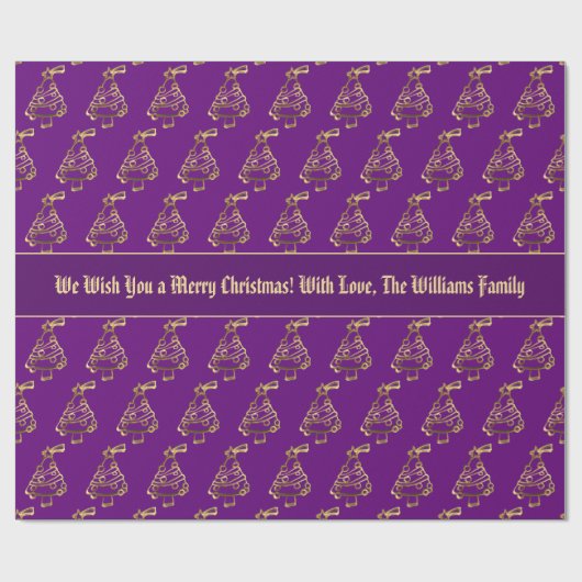 Faux Gold Paarse kerstboomstructuur Voeg tekst toe Cadeaupapier (Vlak)