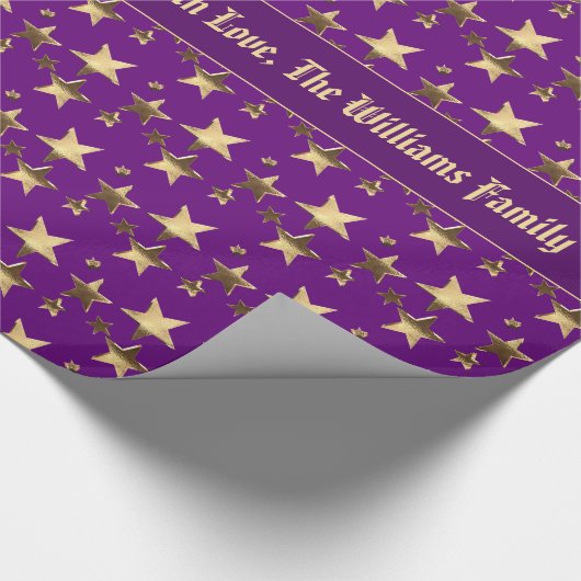 Faux Gold Paarse kerststaren Patroon Voeg tekst to Cadeaupapier (Hoek)