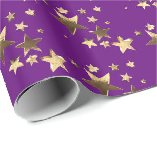 Faux Gold Paarse kerststaren Patroon Voeg tekst to Cadeaupapier