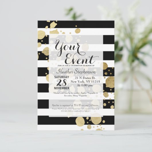 Faux Gold Paint Splatter op zwarte en witte strepe Kaart (Staand voorkant)